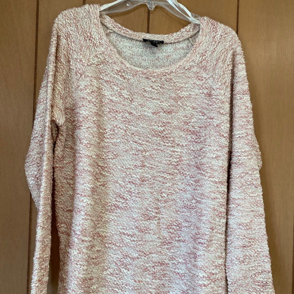 Jessica Simpson pink boucle sweater with rounded hem at bottom. Size Large